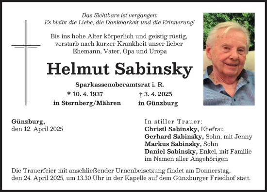 Traueranzeige von Helmut Sabinsky von Günzburger Zeitung