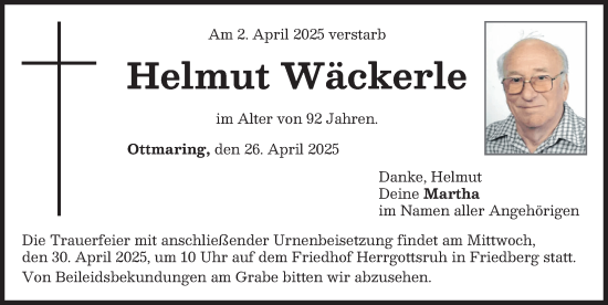 Traueranzeige von Helmut Wäckerle von Friedberger Allgemeine