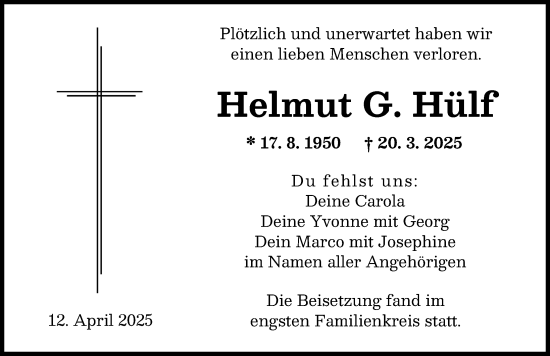 Traueranzeige von Helmut G. Hülf von Augsburger Allgemeine