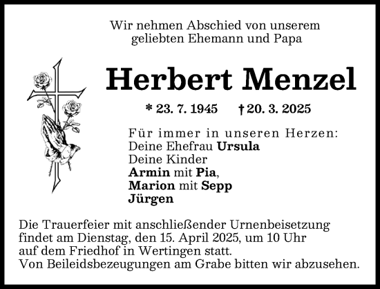 Traueranzeige von Herbert Menzel von Wertinger Zeitung