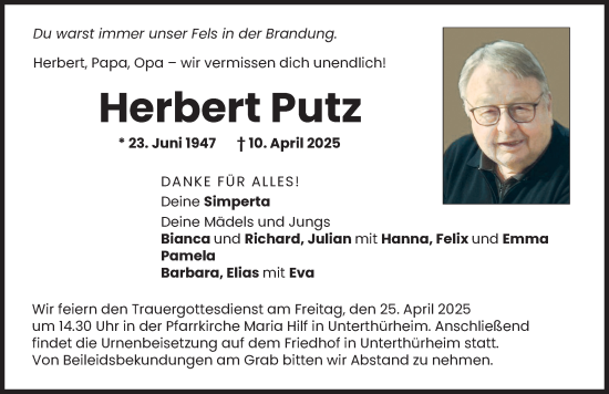 Traueranzeige von Herbert Putz von Wertinger Zeitung, Augsburg-Land