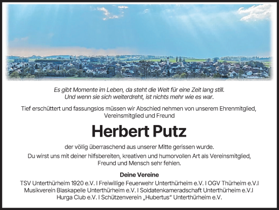 Traueranzeige von Herbert Putz von Wertinger Zeitung