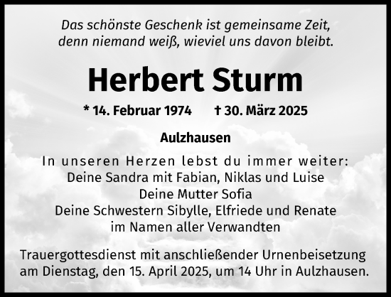 Traueranzeige von Herbert Sturm von Augsburger Allgemeine, Aichacher Nachrichten
