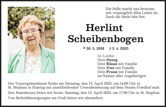 Traueranzeige von Herlint Scheibenbogen von Friedberger Allgemeine