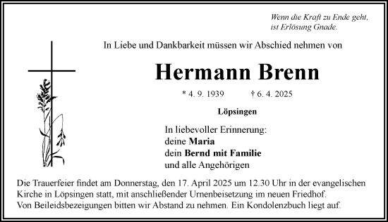 Traueranzeige von Hermann Brenn von Rieser Nachrichten