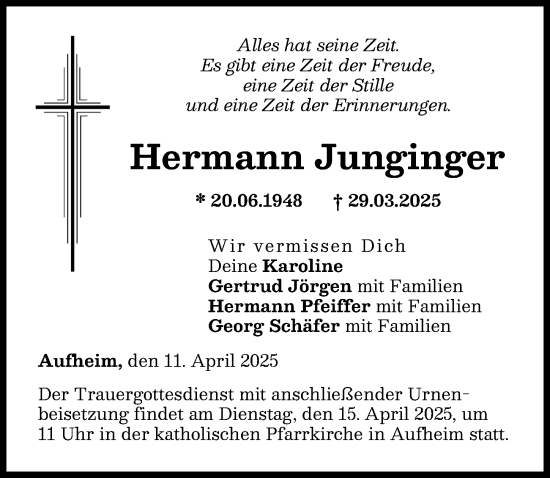 Traueranzeige von Hermann Junginger von Neu-Ulmer Zeitung