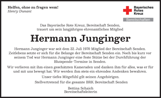 Traueranzeige von Hermann Junginger von Neu-Ulmer Zeitung