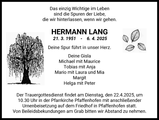 Traueranzeige von Hermann Lang von Neu-Ulmer Zeitung