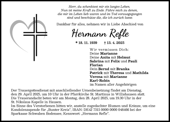 Traueranzeige von Hermann Refle von Augsburg-Land