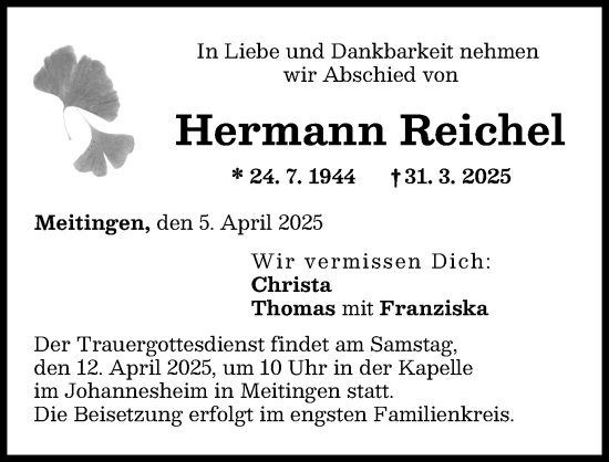 Traueranzeige von Hermann Reichel von Augsburg-Land