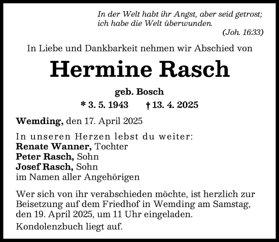 Traueranzeige von Hermine Rasch von Donauwörther Zeitung
