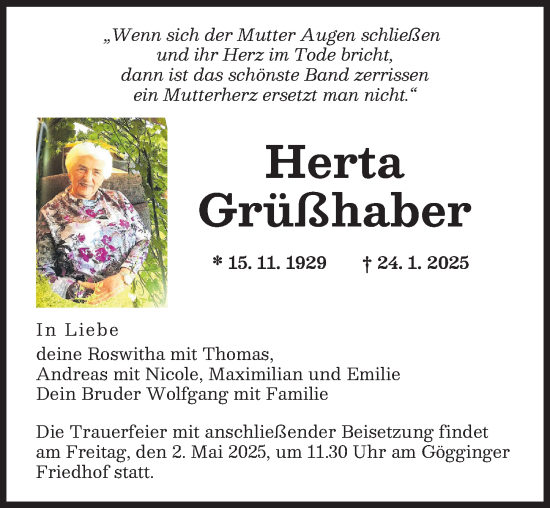 Traueranzeige von Herta Grüßhaber von Augsburger Allgemeine