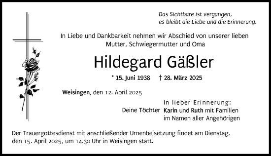 Traueranzeige von Hildegard Gäßler von Donau Zeitung