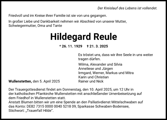 Traueranzeige von Hildegard Reule von Neu-Ulmer Zeitung