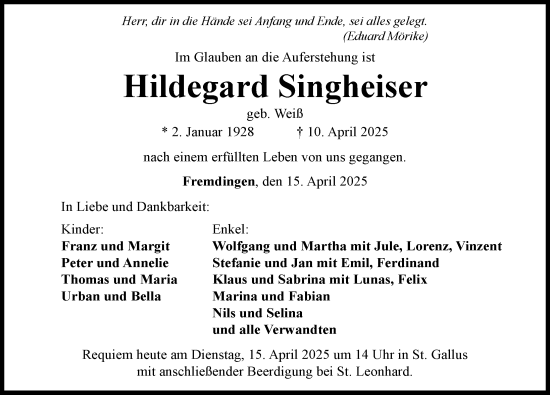 Traueranzeige von Hildegard Singheiser von Rieser Nachrichten