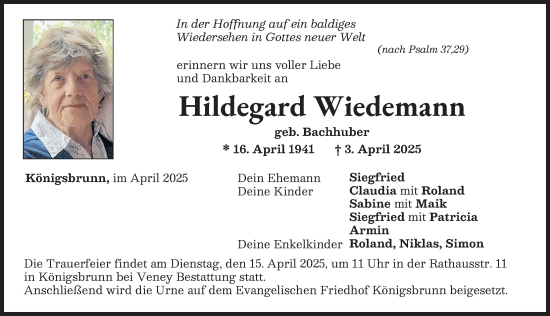 Traueranzeige von Hildegard Wiedemann von Schwabmünchner Allgemeine