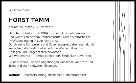 Traueranzeige von Horst Tamm von Günzburger Zeitung