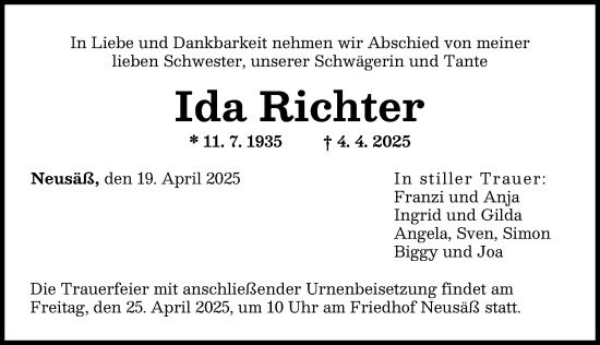 Traueranzeige von Ida Richter von Augsburger Allgemeine