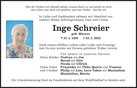 Traueranzeige von Inge Schreier von Neu-Ulmer Zeitung