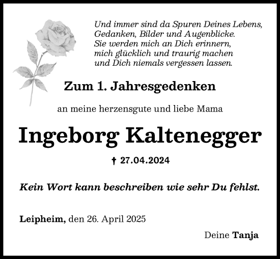 Traueranzeige von Ingeborg Kaltenegger von Mittelschwäbische Nachrichten, Günzburger Zeitung