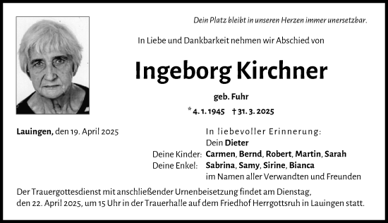 Traueranzeige von Ingeborg Kirchner von Donau Zeitung