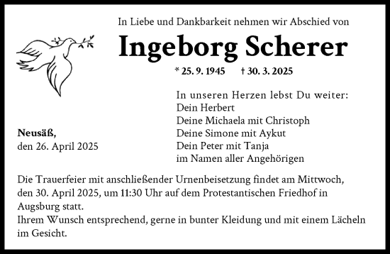 Traueranzeige von Ingeborg Scherer von Augsburger Allgemeine
