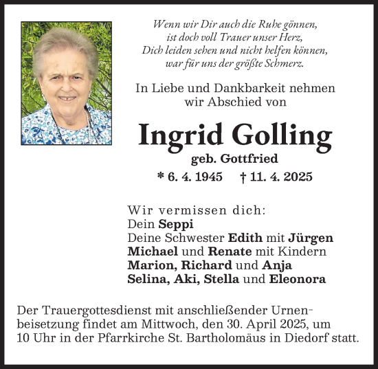 Traueranzeige von Ingrid Golling von Augsburger Allgemeine