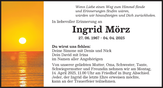 Traueranzeige von Ingrid Mörz von Mittelschwäbische Nachrichten