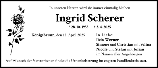Traueranzeige von Ingrid Scherer von Schwabmünchner Allgemeine