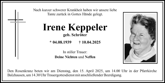 Traueranzeige von Irene Keppeler von Mittelschwäbische Nachrichten