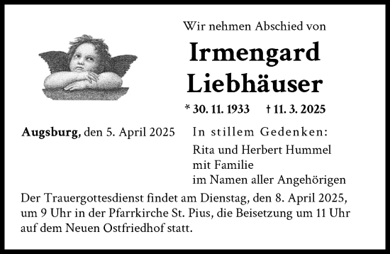 Traueranzeige von Irmengard Liebhäuser von Augsburger Allgemeine