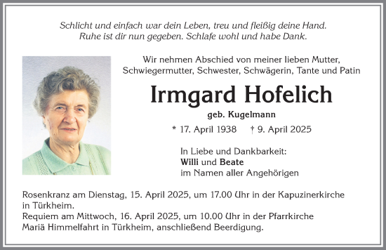 Traueranzeige von Irmgard Hofelich von Mindelheimer Zeitung