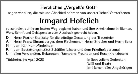Traueranzeige von Irmgard Hofelich von Mindelheimer Zeitung