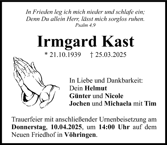 Traueranzeige von Irmgard Kast von Illertisser Zeitung