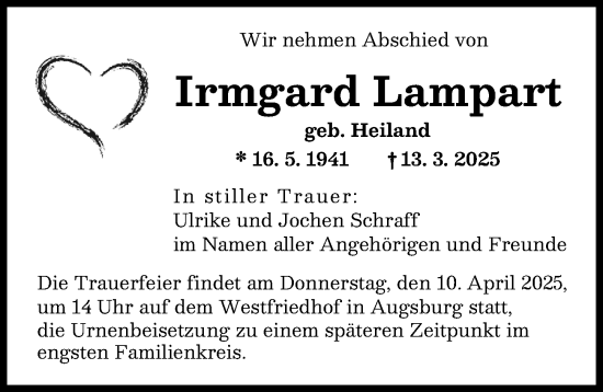 Traueranzeige von Irmgard Lampart von Augsburger Allgemeine