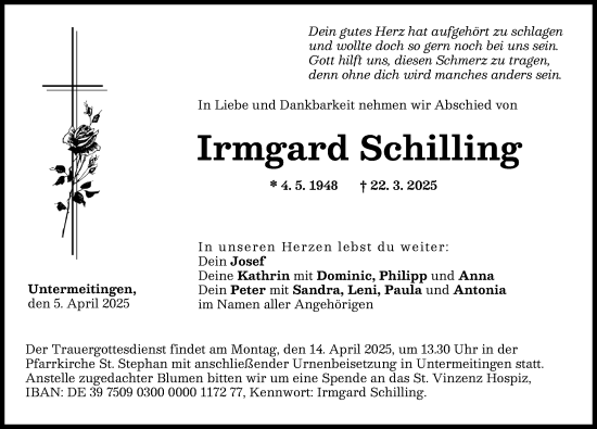 Traueranzeige von Irmgard Schilling von Schwabmünchner Allgemeine