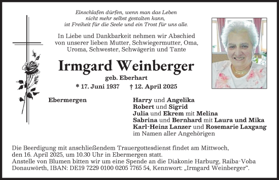 Traueranzeige von Irmgard Weinberger von Donauwörther Zeitung