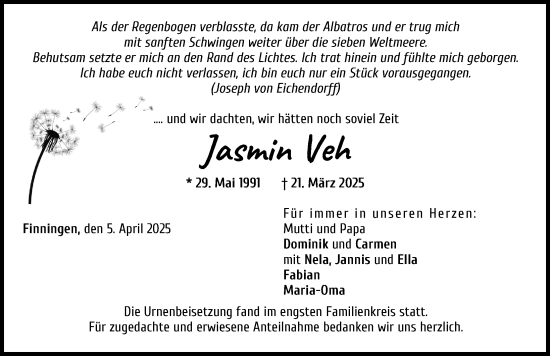 Traueranzeige von Jasmin Veh von Donau Zeitung