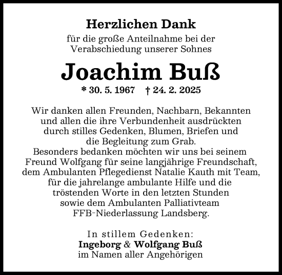 Traueranzeige von Joachim Buß von Landsberger Tagblatt