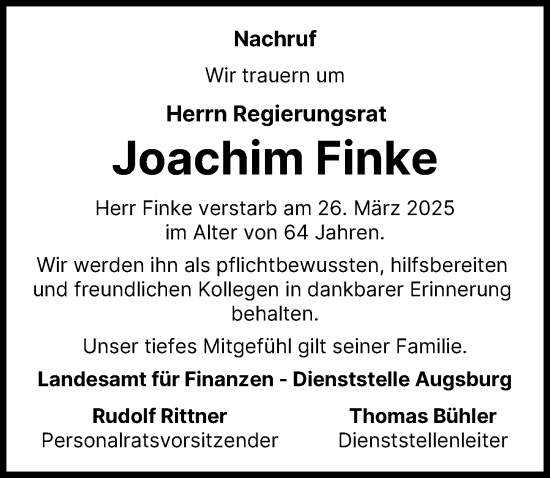 Traueranzeige von Joachim Finke von Augsburger Allgemeine