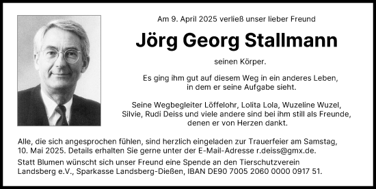 Traueranzeige von Jörg Georg Stallmann von Landsberger Tagblatt