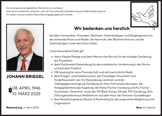 Traueranzeige von Johann Briegel von Günzburger Zeitung