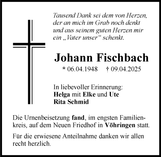 Traueranzeige von Johann Fischbach von Illertisser Zeitung
