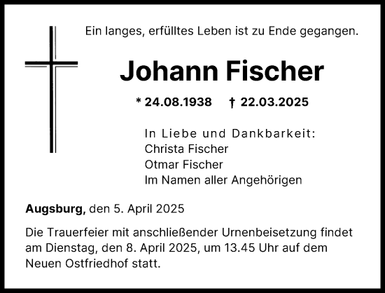 Traueranzeige von Johann Fischer von Augsburger Allgemeine