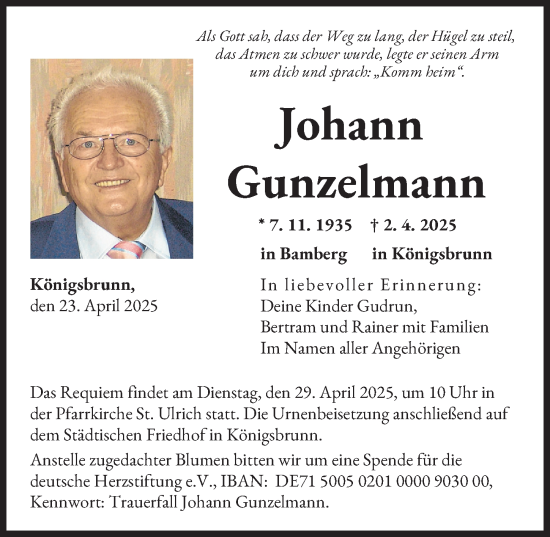 Traueranzeige von Johann Gunzelmann von Augsburger Allgemeine