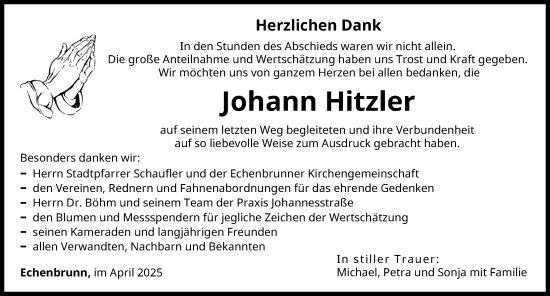 Traueranzeige von Johann Hitzler von Donau Zeitung