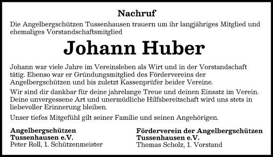 Traueranzeige von Johann Huber von Mindelheimer Zeitung