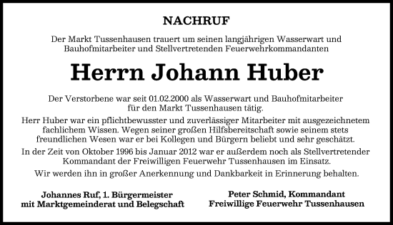 Traueranzeige von Johann Huber von Mindelheimer Zeitung