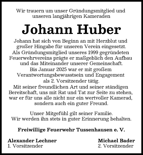 Traueranzeige von Johann Huber von Mindelheimer Zeitung
