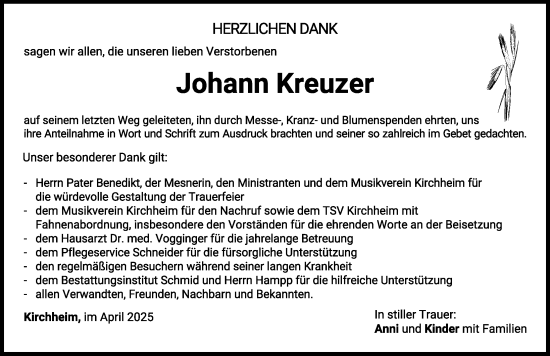 Traueranzeige von Johann Kreuzer von Mindelheimer Zeitung